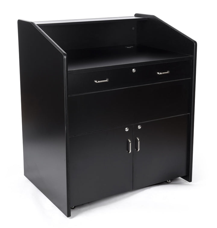 Rolling Multimedia Lectern with Locking Cabinet and Keyboard Shelf, black, presenter side