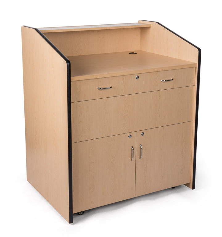 Rolling Multimedia Lectern with Locking Cabinet and Keyboard Shelf, maple, presenter side