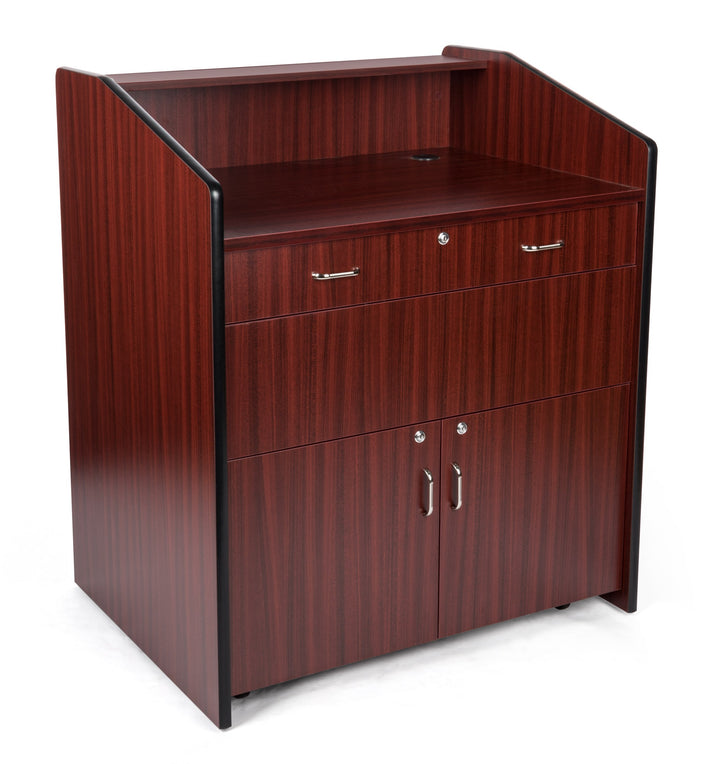 Rolling Multimedia Lectern with Locking Cabinet and Keyboard Shelf, mahogany, presenter side