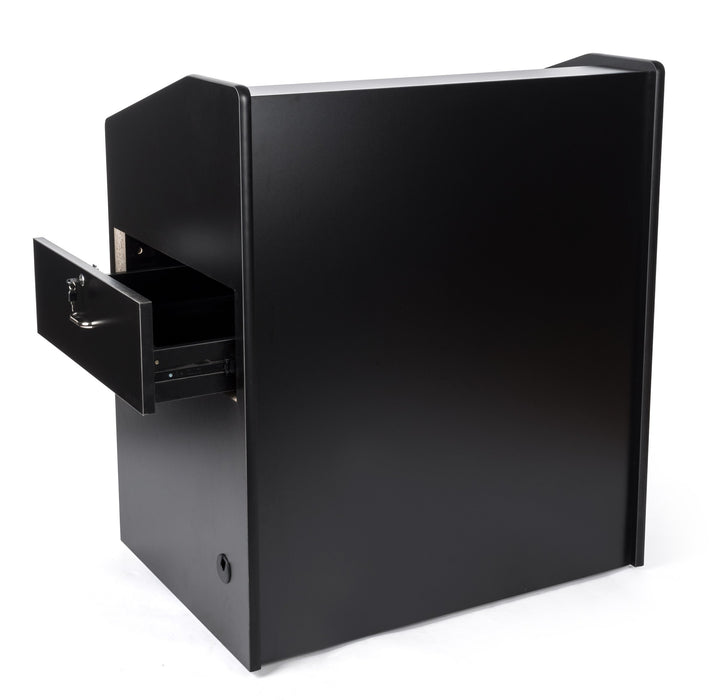 Rolling Multimedia Lectern with Locking Cabinet and Keyboard Shelf, black, side drawer open
