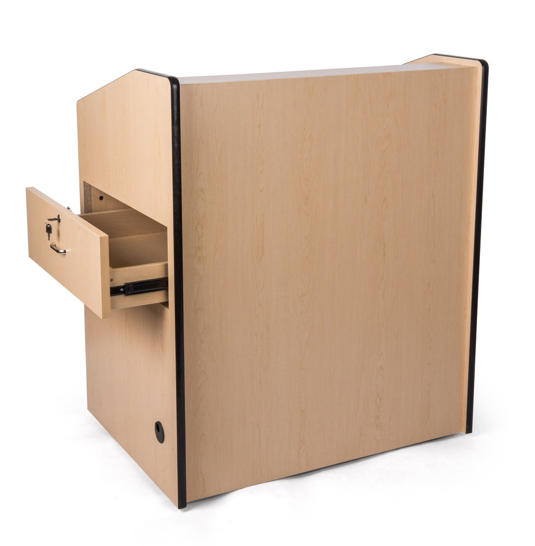 Rolling Multimedia Lectern with Locking Cabinet and Keyboard Shelf, maple, side drawer open