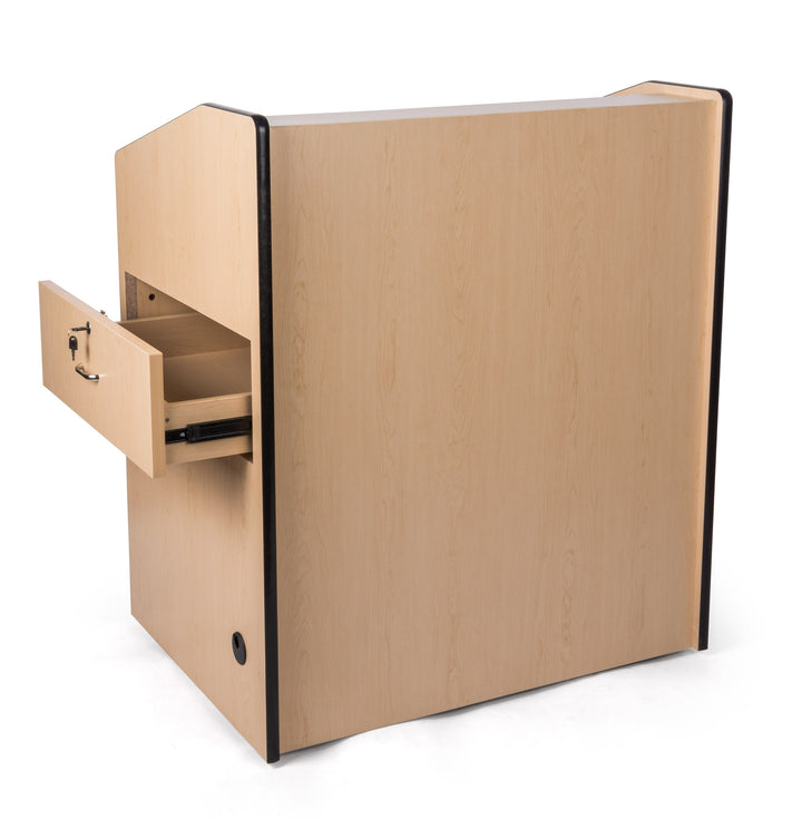 Rolling Multimedia Lectern with Locking Cabinet and Keyboard Shelf, maple, side drawer open