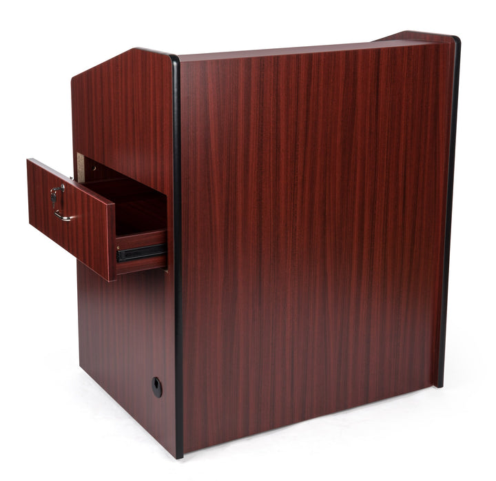 Rolling Multimedia Lectern with Locking Cabinet and Keyboard Shelf, mahogany, side drawer open