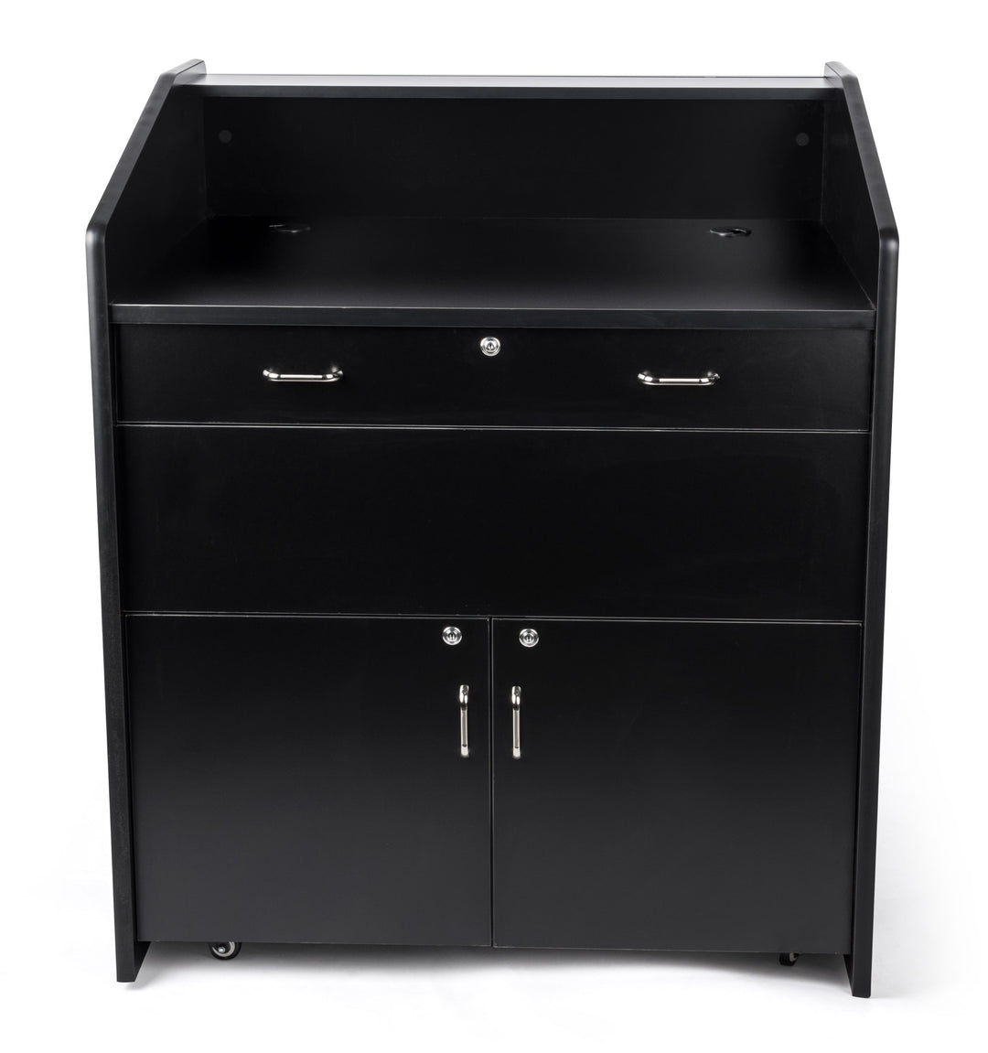 Rolling Multimedia Lectern with Locking Cabinet and Keyboard Shelf, black, presenter side straight on