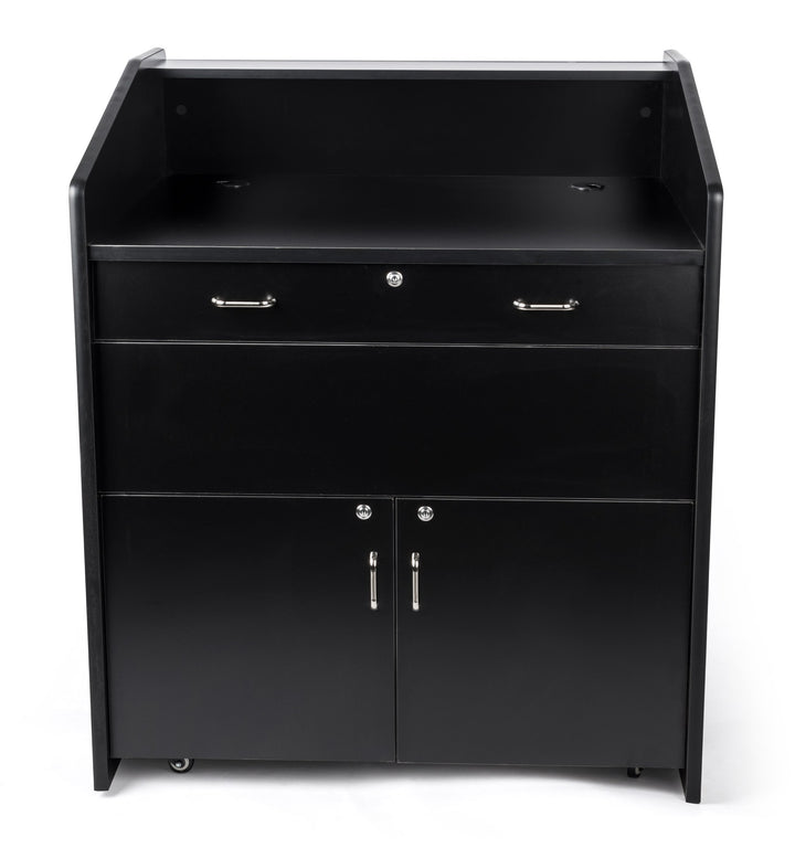Rolling Multimedia Lectern with Locking Cabinet and Keyboard Shelf, black, presenter side straight on