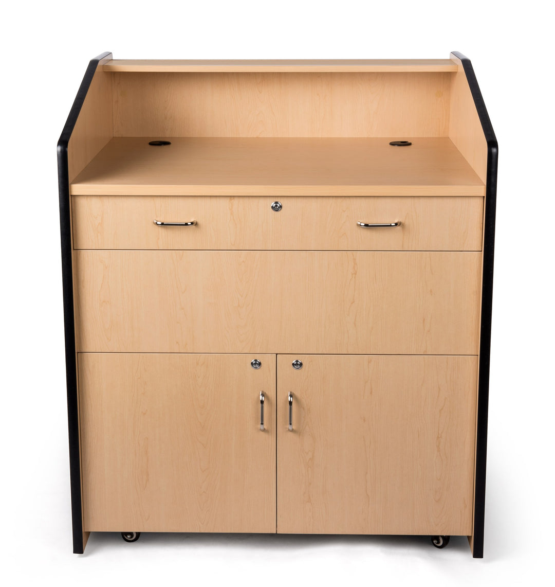 Rolling Multimedia Lectern with Locking Cabinet and Keyboard Shelf, maple, presenter side straight on