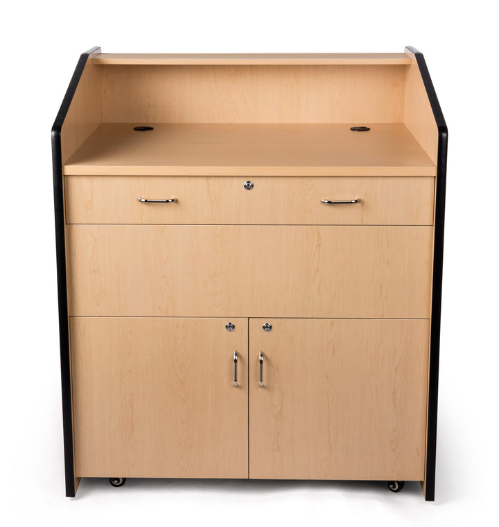 Rolling Multimedia Lectern with Locking Cabinet and Keyboard Shelf, maple, presenter side straight on