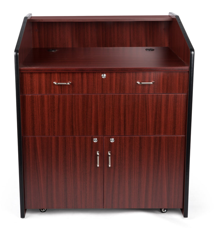 Rolling Multimedia Lectern with Locking Cabinet and Keyboard Shelf, mahogany, presenter side straight on
