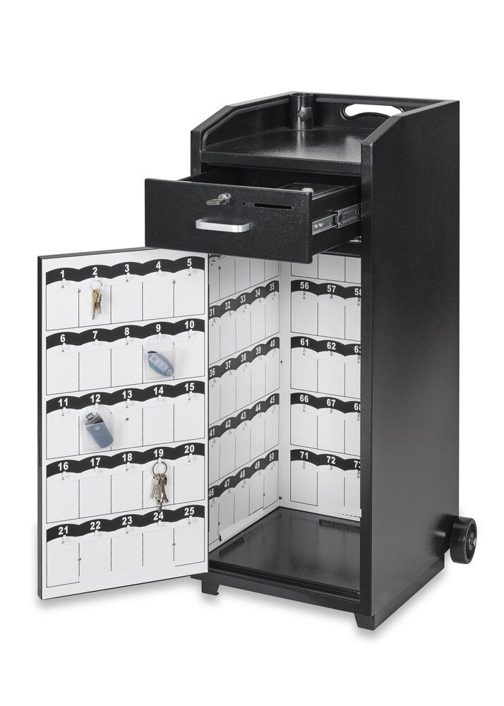 Smart Valet Podium with 100 Key Hooks and Locking Cash Drawer, door and cash drawer open, showing the key hooks