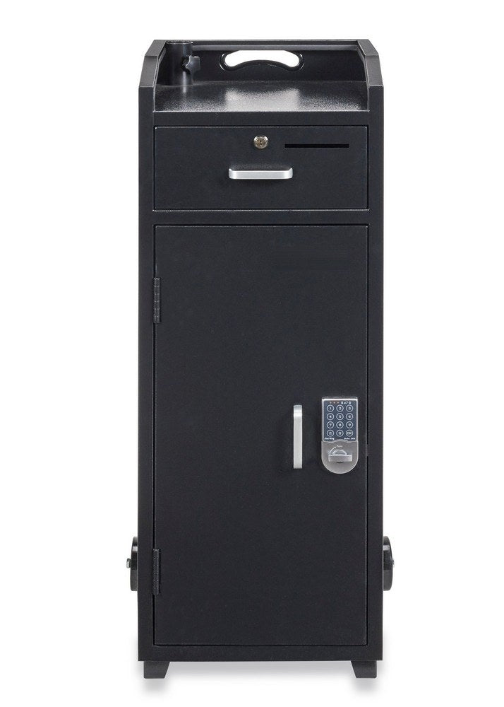 Smart Valet Podium with 100 Key Hooks and Locking Cash Drawer, front view with keyless digital lock