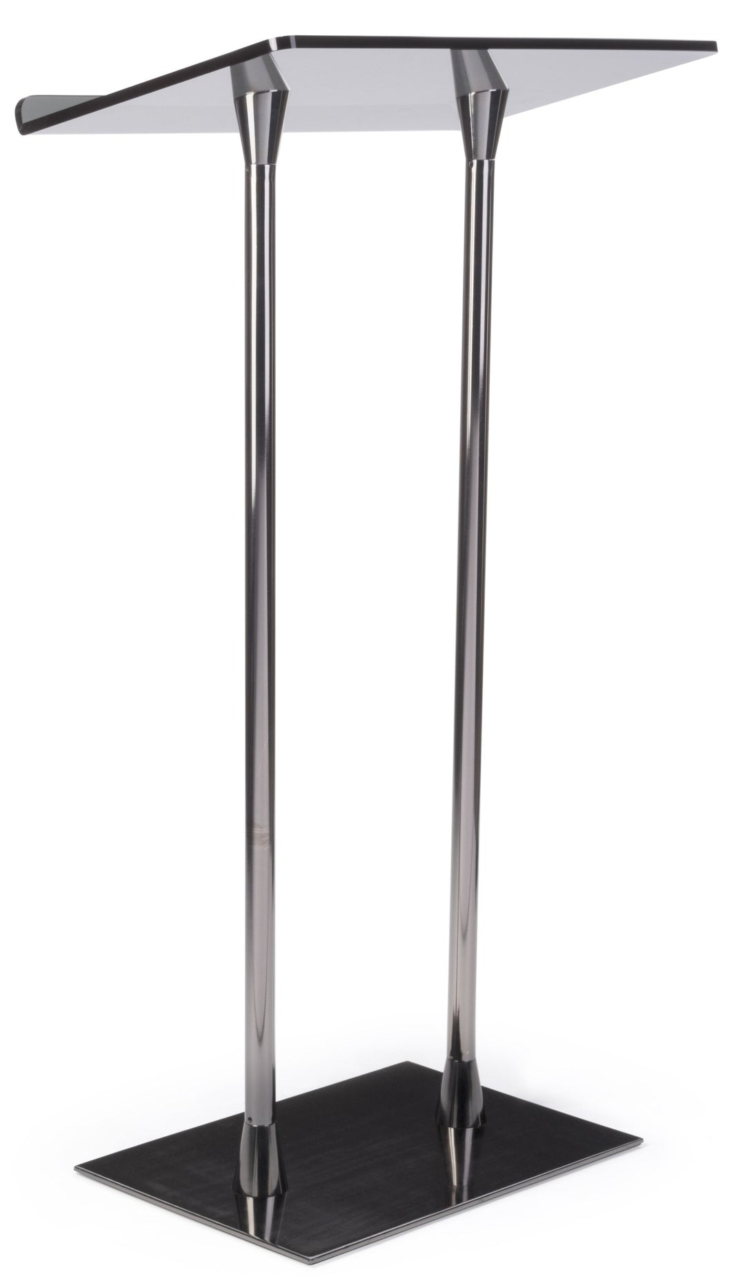 Smoked Acrylic-Top Podium on Black Steel Poles, front view