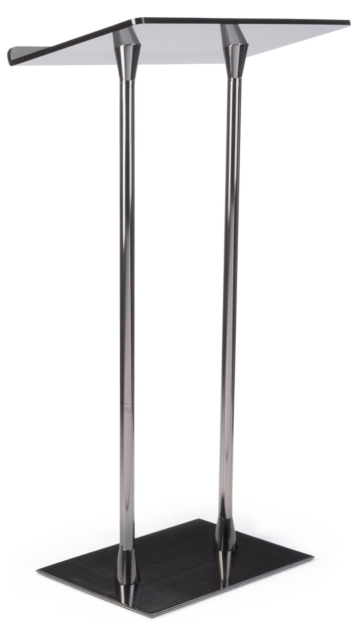 Smoked Acrylic-Top Podium on Black Steel Poles, front view