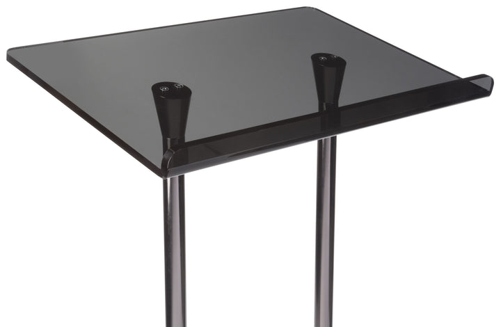 Smoked Acrylic-Top Podium on Black Steel Poles, smoked acrylic top
