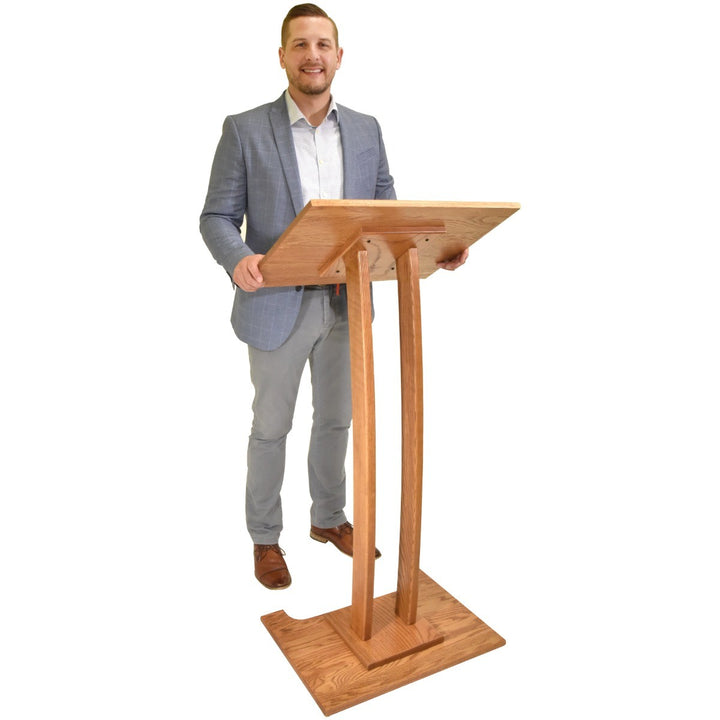 Handcrafted Solid Oak Lectern, Golden Honey Finish, Made in USA, in use