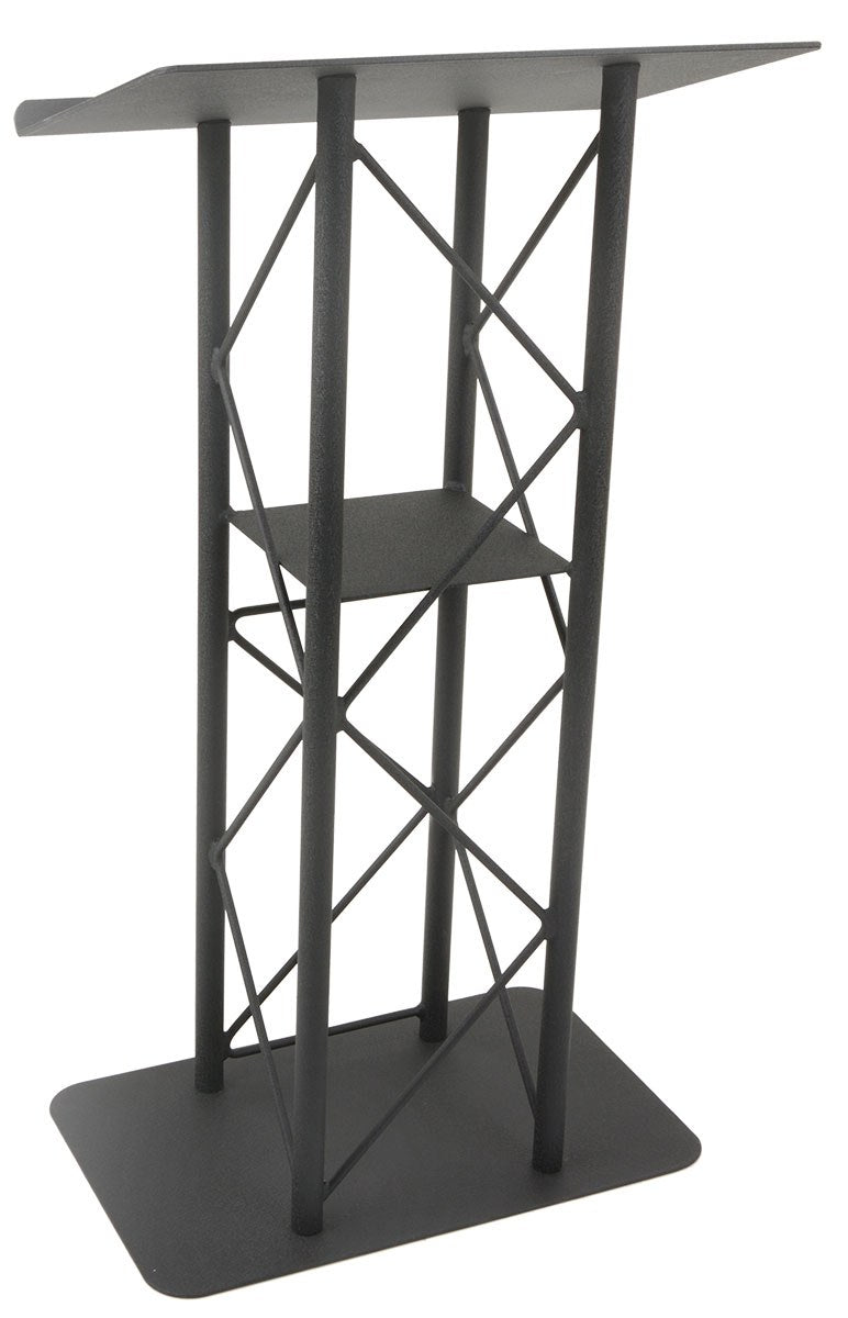 Straight 4-Post Metal Truss Lectern with Shelf, Black, front view