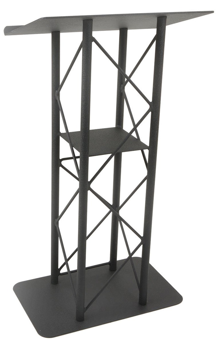 Straight 4-Post Metal Truss Lectern with Shelf, Black, front view