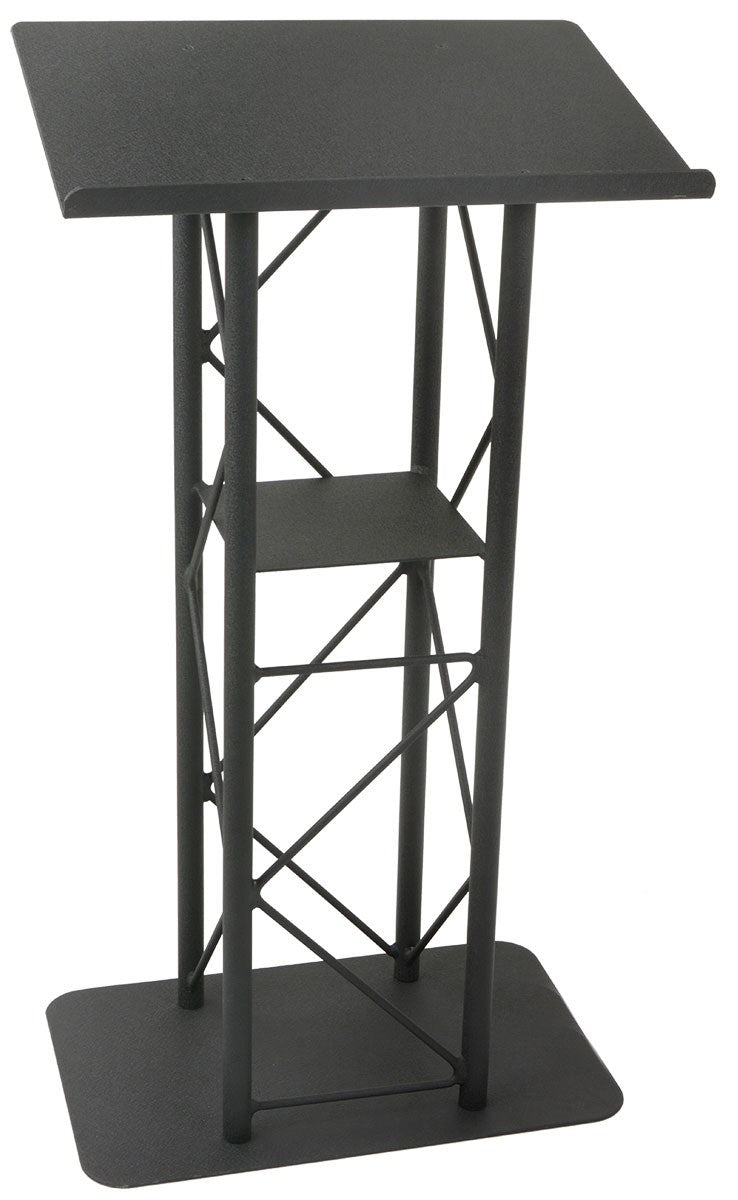 Straight 4-Post Metal Truss Lectern with Shelf, Black, speaker side