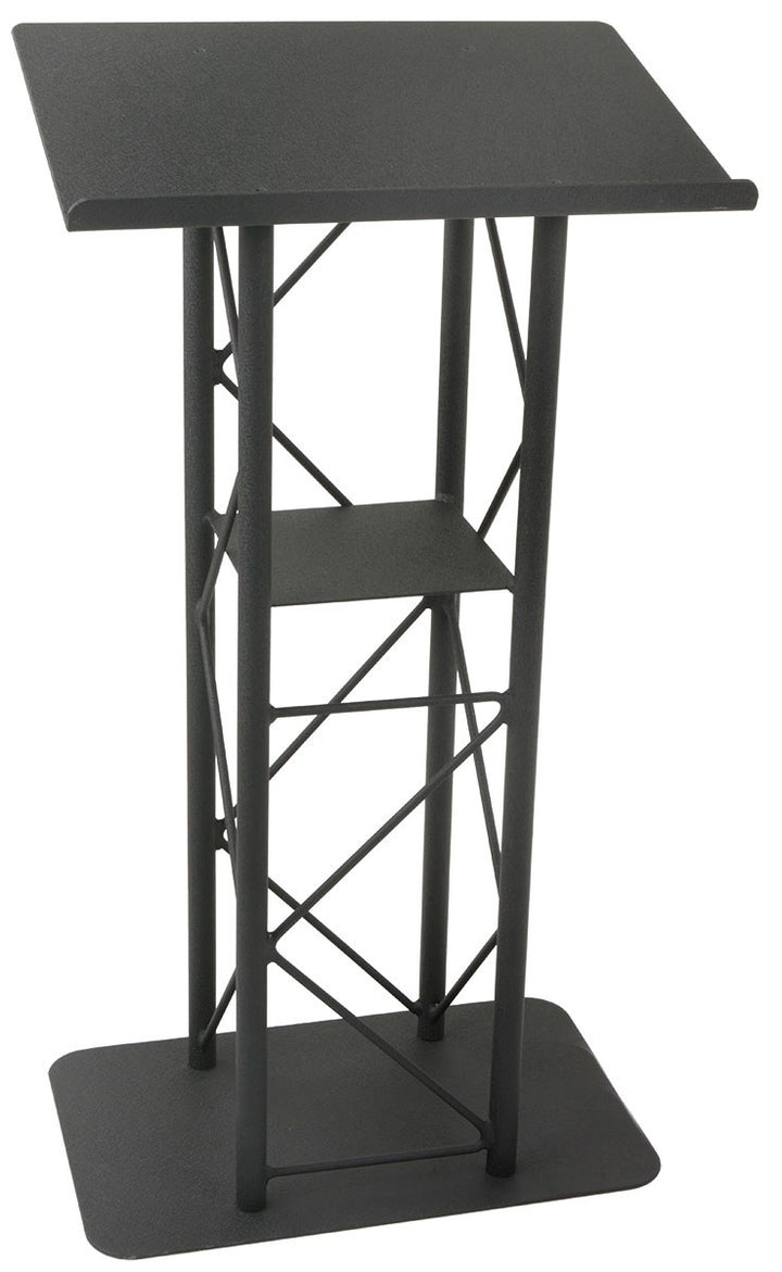 Straight 4-Post Metal Truss Lectern with Shelf, Black, speaker side