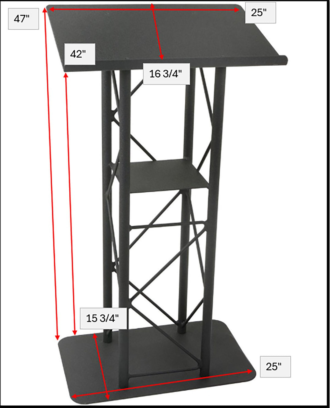 Straight 4-Post Metal Truss Lectern with Shelf, Black, dimensions