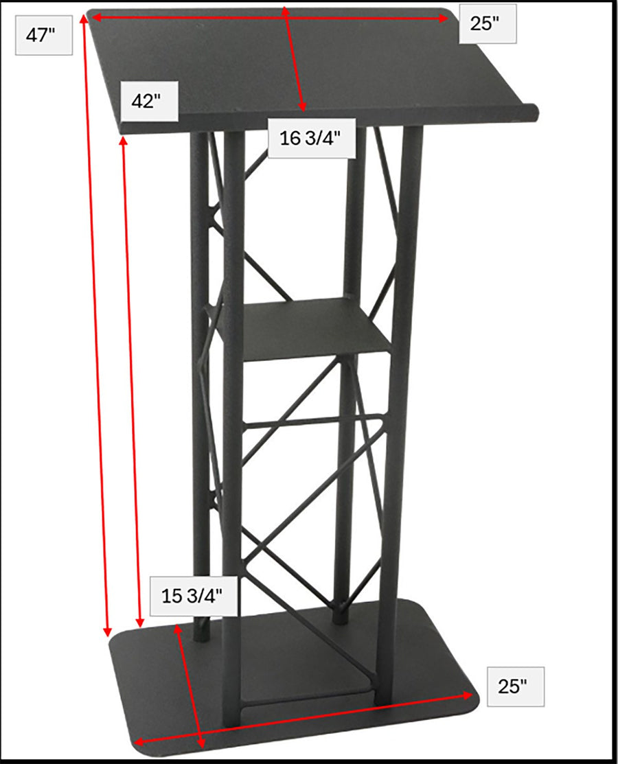 Straight 4-Post Metal Truss Lectern with Shelf, Black, dimensions