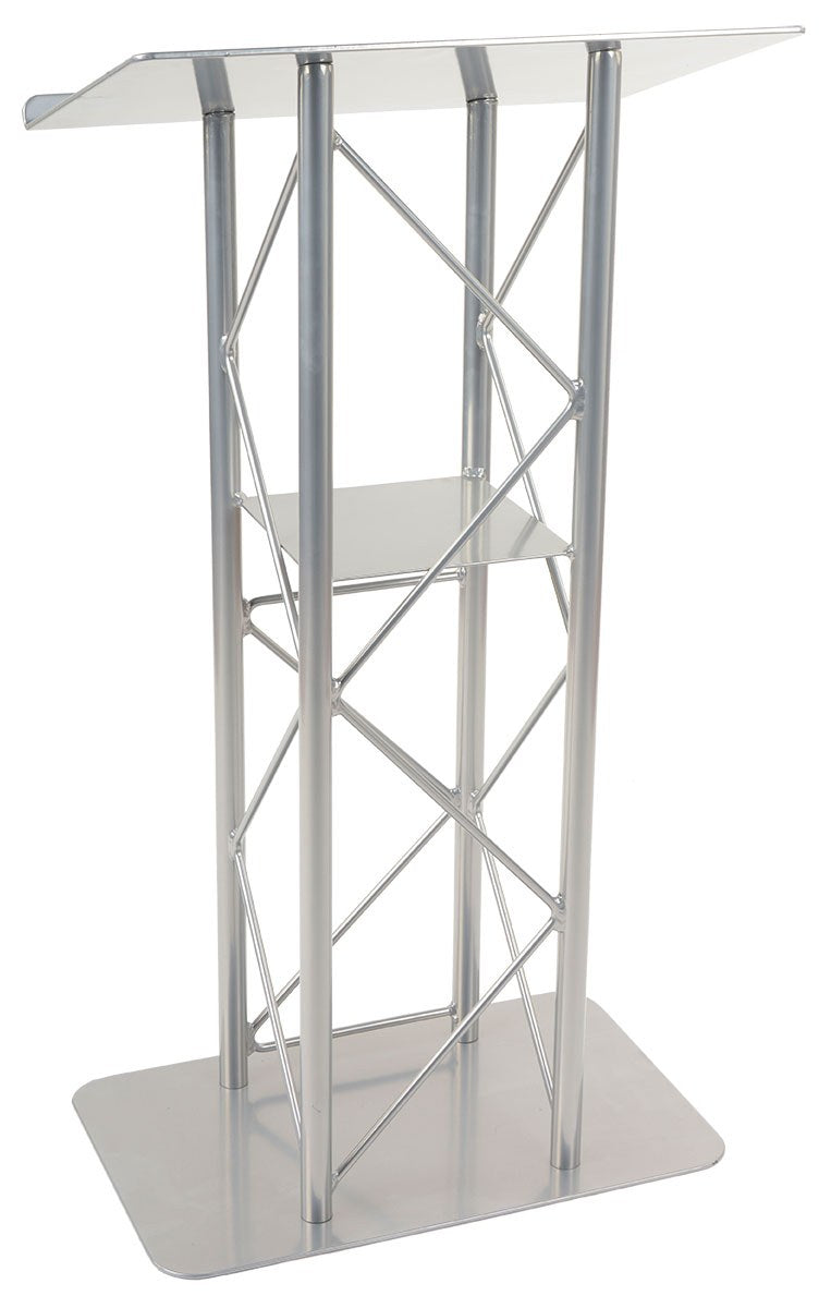 Straight 4-Post Metal Truss Lectern with Shelf, Silver, front view