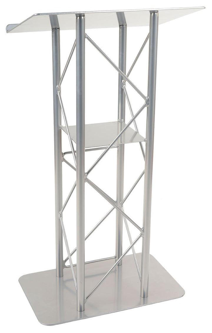 Straight 4-Post Metal Truss Lectern with Shelf, Silver, front view