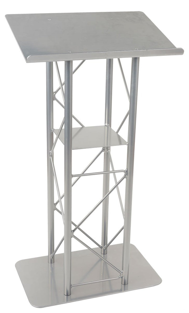 Straight 4-Post Metal Truss Lectern with Shelf, Silver, angled view