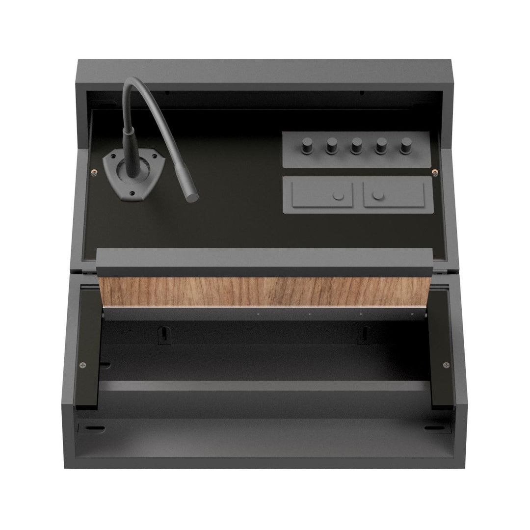 Tabletop Lectern with Built-In Sound System and Wireless Mic, controls and reading shelf from above