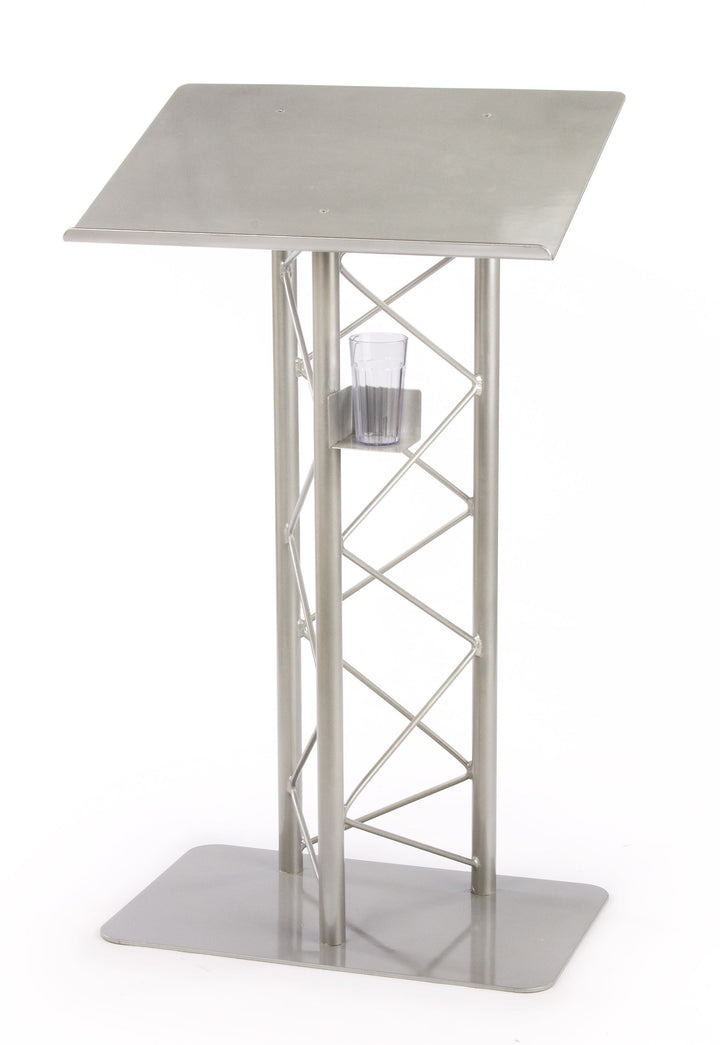 Economy 3-Post Metal Truss Lectern with Cup Holder Shelf, Silver, speaker side