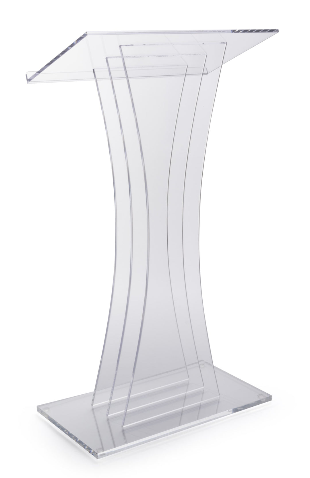 Contemporary Clear Acrylic Lectern with Three Upright Panels, front view