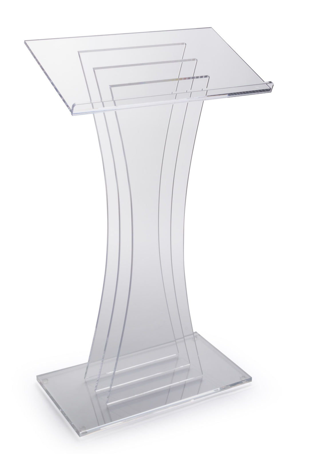 Contemporary Clear Acrylic Lectern with Three Upright Panels, angled view