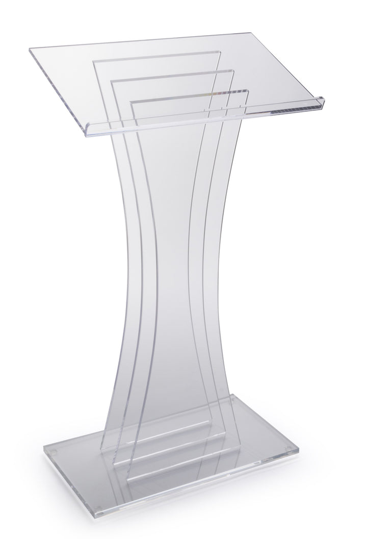 Contemporary Clear Acrylic Lectern with Three Upright Panels, angled view