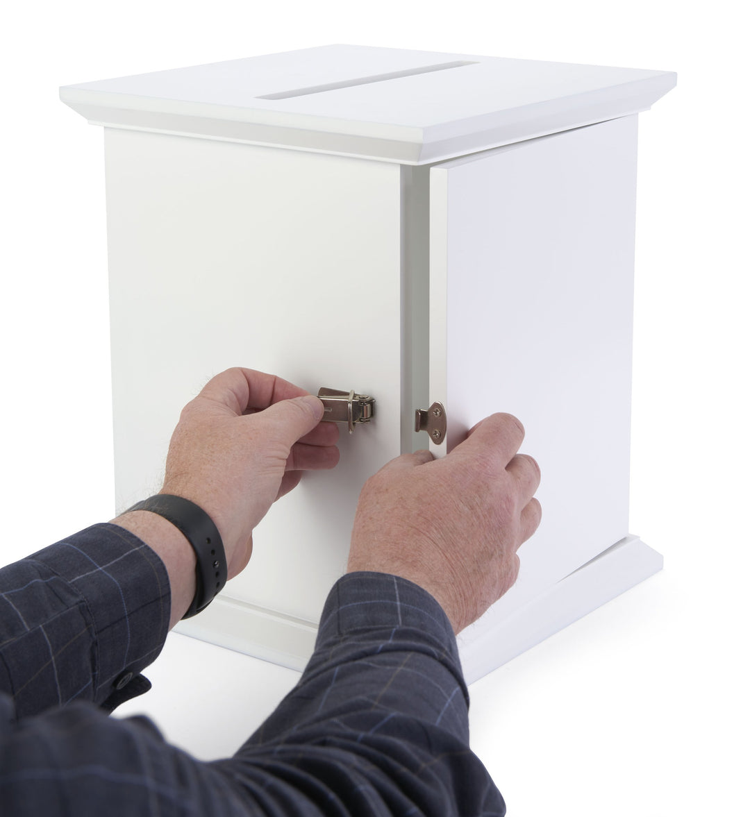 Tithe and Prayer Box with Acrylic Window, White, opening the rear door