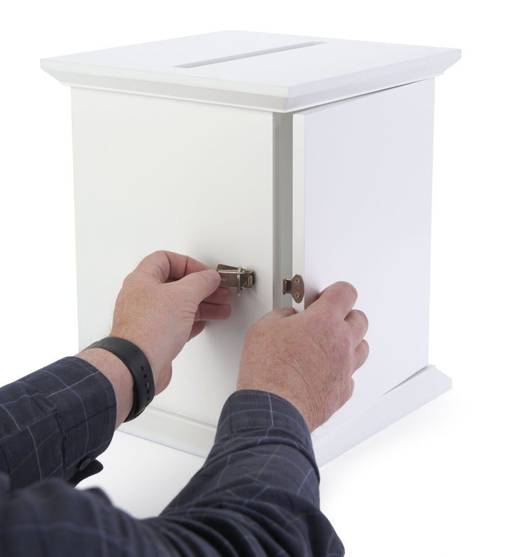Tithe and Prayer Box with Acrylic Window, White, opening the rear door