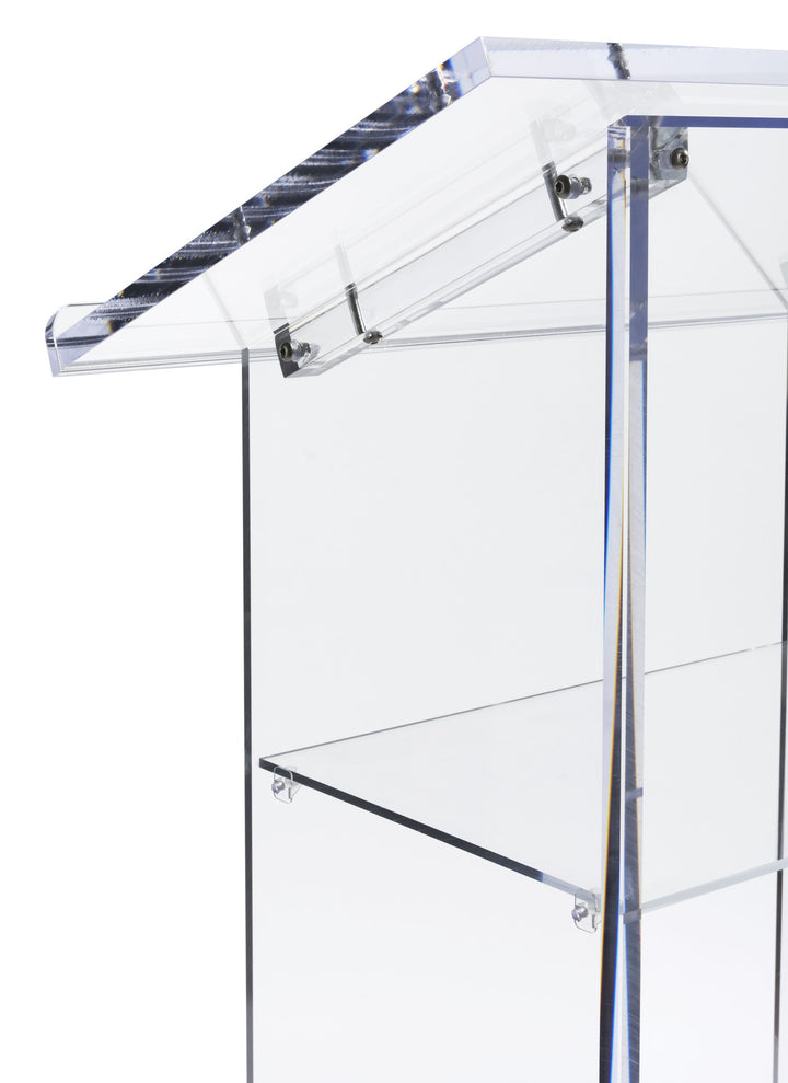 Traditional Acrylic Lectern with Shelf, clear, top and shelf detail