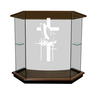 Wide Glass Pulpit with Our Largest Etched Logo Area [NC8], clear glass with all wood top on main section, front view
