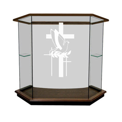 Wide Glass Pulpit with Our Largest Etched Logo Area [NC8], clear glass with horizontal wood trim on main section, front view