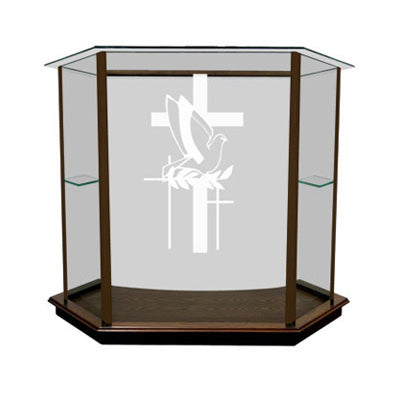 Wide Glass Pulpit with Our Largest Etched Logo Area [NC8], clear glass with vertical wood trim, front view