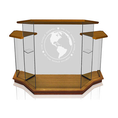 Wide Winged Glass Pulpit for Large Sanctuaries [NC8WC], clear glass with all wood top on all sections, front view