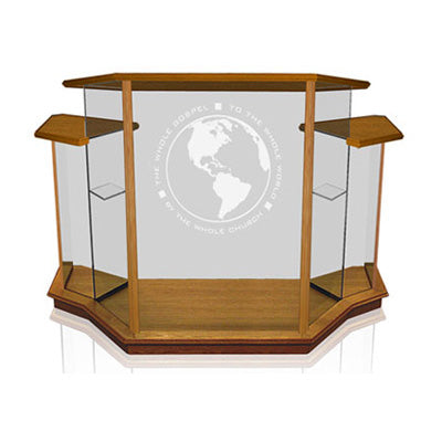 Wide Winged Glass Pulpit for Large Sanctuaries [NC8WC], clear glass with all wood top on all sections and vertical wood trim, front view