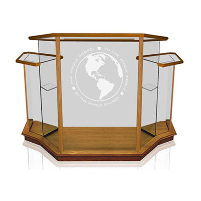 Wide Winged Glass Pulpit for Large Sanctuaries [NC8WC], clear glass with full horizontal and vertical wood trim, front view