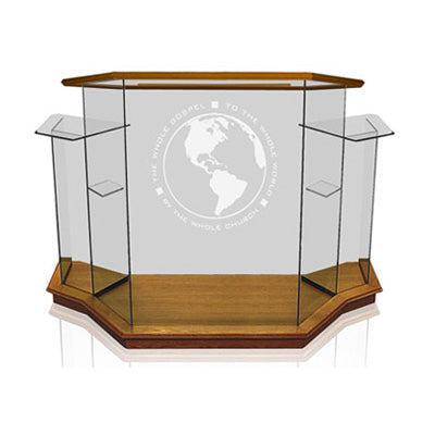 Wide Winged Glass Pulpit for Large Sanctuaries [NC8WC], clear glass with horizontal wood trim on main section, front view