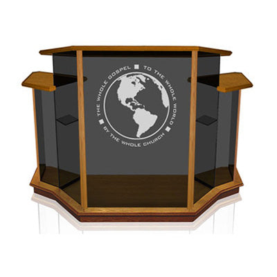 Wide Winged Glass Pulpit for Large Sanctuaries [NC8WC], tinted glass with all wood top on all sections and vertical wood trim, front view