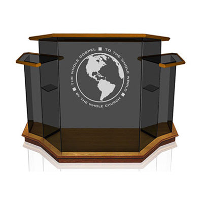 Wide Winged Glass Pulpit for Large Sanctuaries [NC8WC], tinted glass with horizontal wood trim on all sections, front view