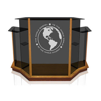 Wide Winged Glass Pulpit for Large Sanctuaries [NC8WC], tinted glass with vertical wood trim, front view