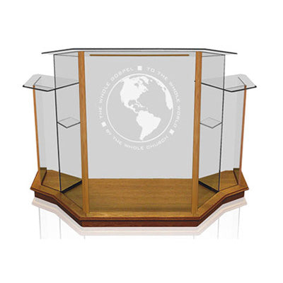 Wide Winged Glass Pulpit for Large Sanctuaries [NC8WC], clear glass with vertical wood trim, front view