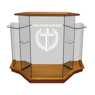 Winged Glass Pulpit with Free Etched Logo [NC1], clear glass with all wood top on main section, front view