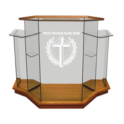 Winged Glass Pulpit with Free Etched Logo [NC1], clear glass with horizontal wood trim on main section, front view