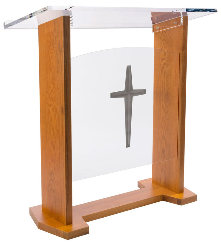 Wood and Acrylic Pulpit with Cross or Plain Front Panel, Light Oak, cross front panel