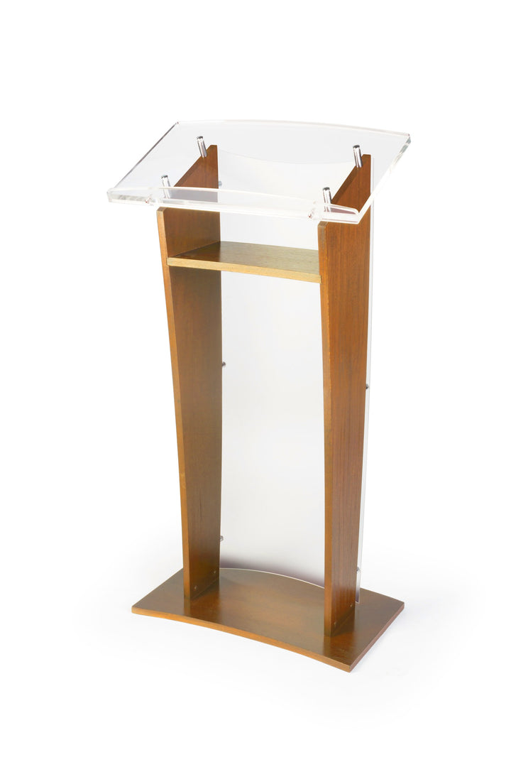 Wood Lectern with Frosted Acrylic Front Panel and Top, maple, speaker side with shelf